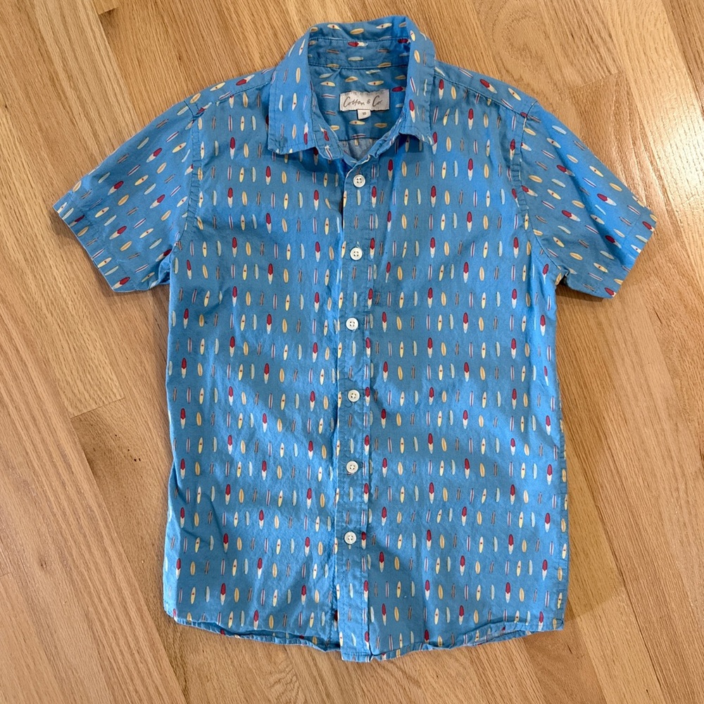 🏄Cotton & Co Button Down Short Sleeve Shirt w/ Vintage Surf Boards,  100% cotton